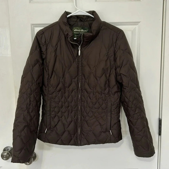 Eddie Bauer premium goose down quilted jacket size small brown zip up - Picture 2 of 10